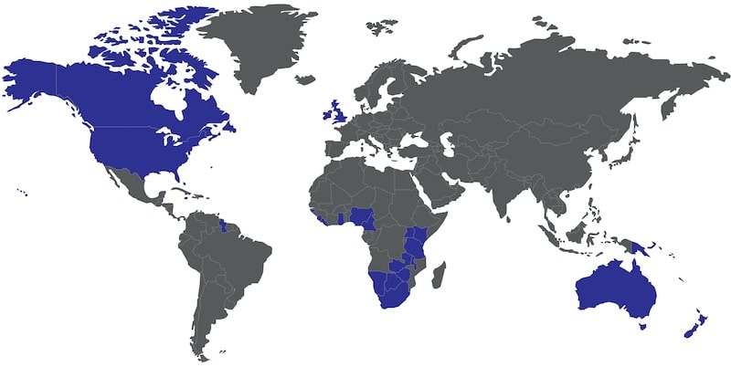 Mapa dos países de língua inglesa